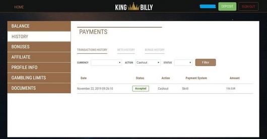 King Billy Casino Auszahlung